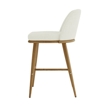 Jeremi Linen Upholstered High-Back Bar Stool Set of 2 - Wheat - Oak, featuring a high backrest, wheat-colored linen upholstery, and oak-finished sturdy steel legs with anti-slip pads for stability.