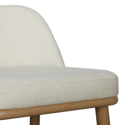 Jeremi Linen Upholstered High-Back Bar Stool Set of 2, showcasing close-up views of the chair's ergonomic high backrest, wheat-colored linen upholstery, and sturdy oak-finished steel legs for modern elegance and stability.