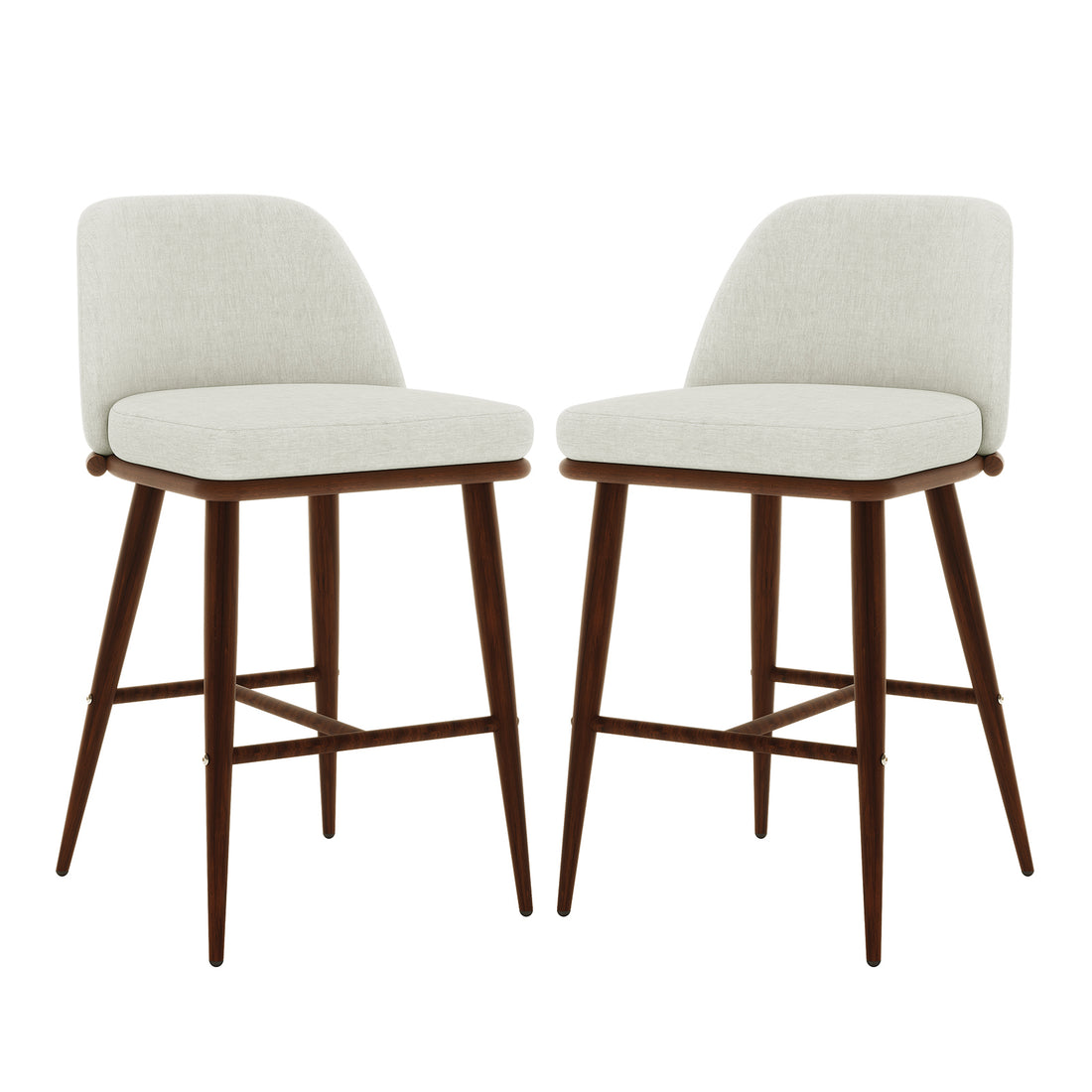 Jeremi High Back Linen Bar Stool Set of 2 in Wheat Walnut features cream upholstered seats, low backs, and dark-wood frames with tapered legs, embodying mid-century modern elegance for your kitchen or bar.