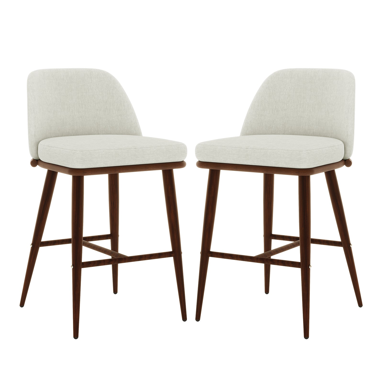 Jeremi High Back Linen Bar Stool Set of 2 in Wheat Walnut features cream upholstered seats, low backs, and dark-wood frames with tapered legs, embodying mid-century modern elegance for your kitchen or bar.