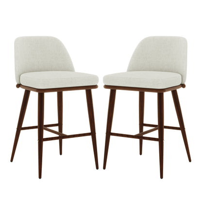 Jeremi High Back Linen Bar Stool Set of 2 in Wheat Walnut features cream upholstered seats, low backs, and dark-wood frames with tapered legs, embodying mid-century modern elegance for your kitchen or bar.