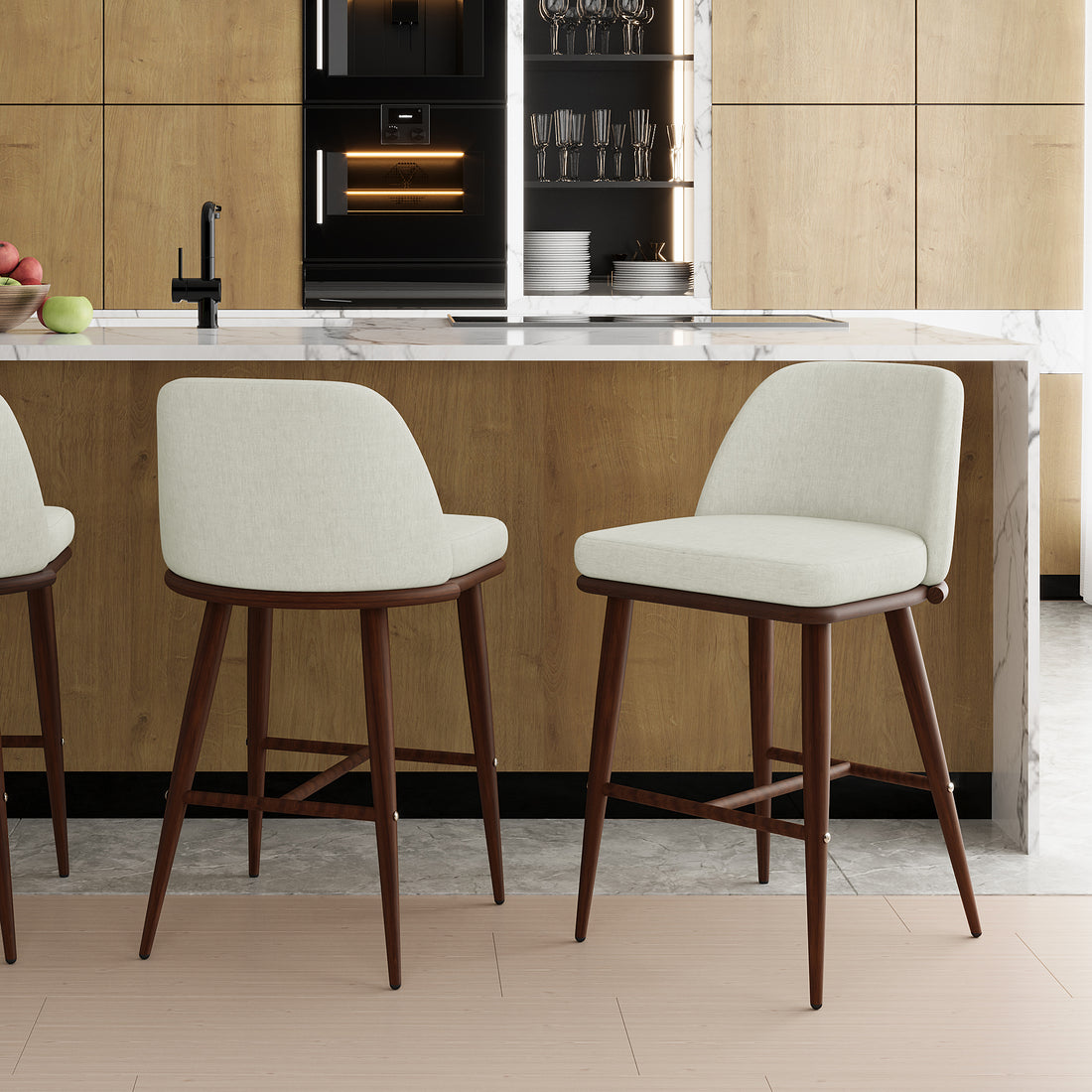 Jeremi High Back Linen Bar Stool Set of 2 in Wheat Walnut, featuring light-colored upholstered seats and dark wooden legs, positioned in front of a modern kitchen island with a marble countertop.