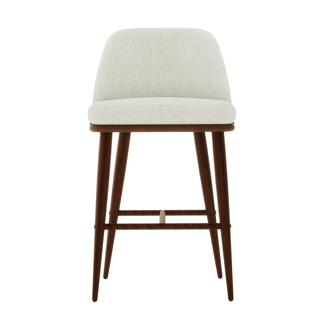 Jeremi High Back Linen Bar Stool Set of 2 in Wheat Walnut, featuring lightly upholstered off-white seats and low backs, supported by tapered dark-wood legs with stretchers as footrests, offering modern elegance.