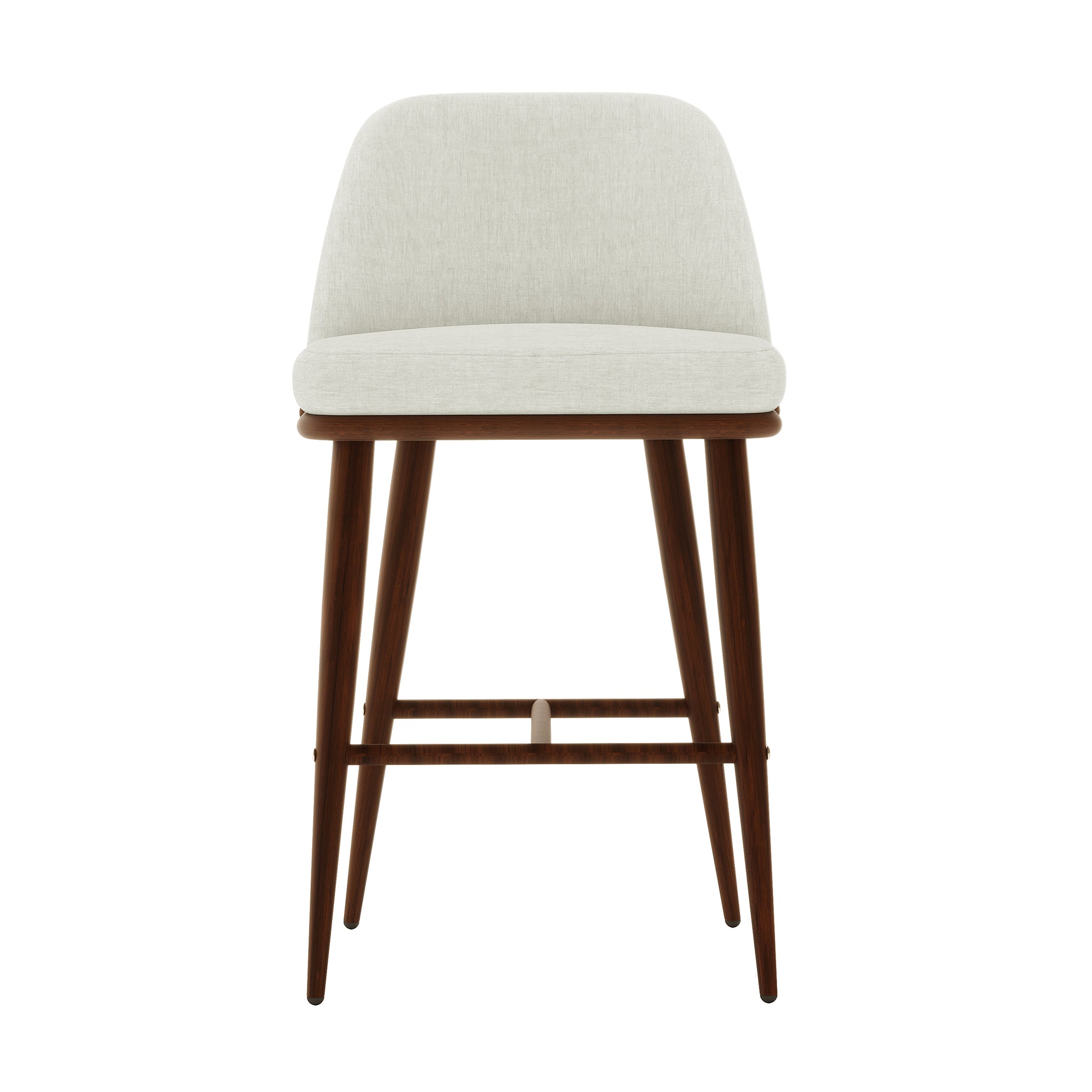 Jeremi High Back Linen Bar Stool Set of 2 in Wheat Walnut, featuring lightly upholstered off-white seats and low backs, supported by tapered dark-wood legs with stretchers as footrests, offering modern elegance.