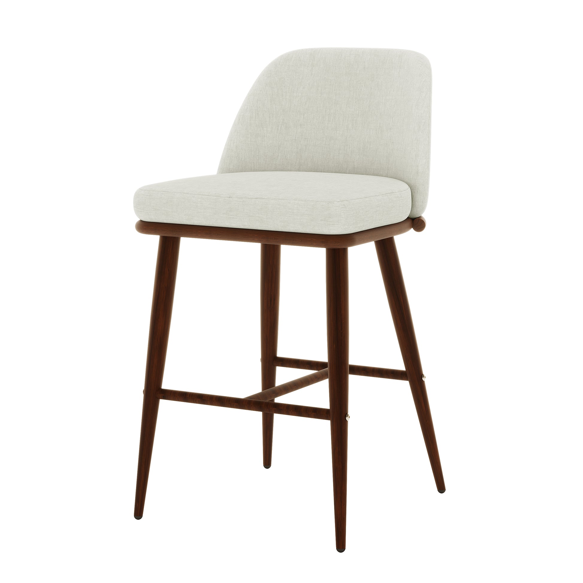 Jeremi High Back Linen Bar Stool Set of 2 in Wheat Walnut, featuring light-beige upholstery on a dark-wood frame with tapered legs and footrests, offering a mid-century modern aesthetic.