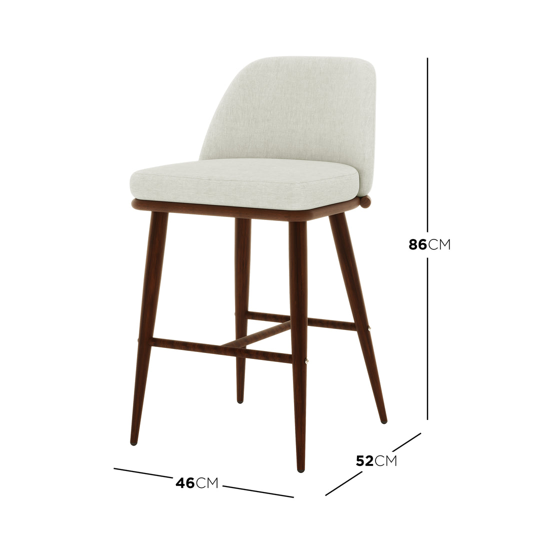 Jeremi High Back Linen Bar Stool Set of 2 in Wheat Walnut features a curved upholstered back and seat on tapered wooden legs with cross-rails, highlighting its mid-century design and ergonomic comfort.