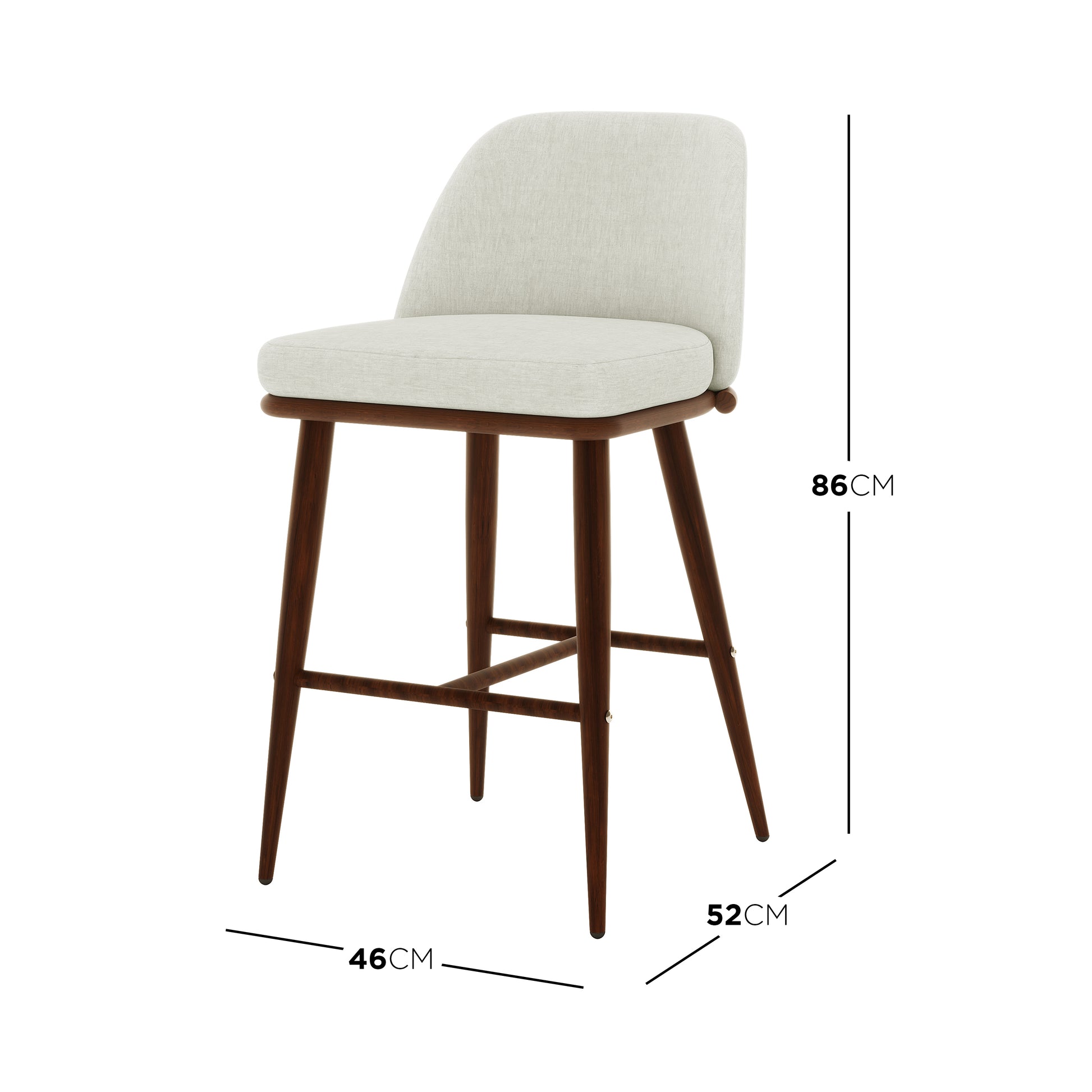 Jeremi High Back Linen Bar Stool Set of 2 in Wheat Walnut features a curved upholstered back and seat on tapered wooden legs with cross-rails, highlighting its mid-century design and ergonomic comfort.