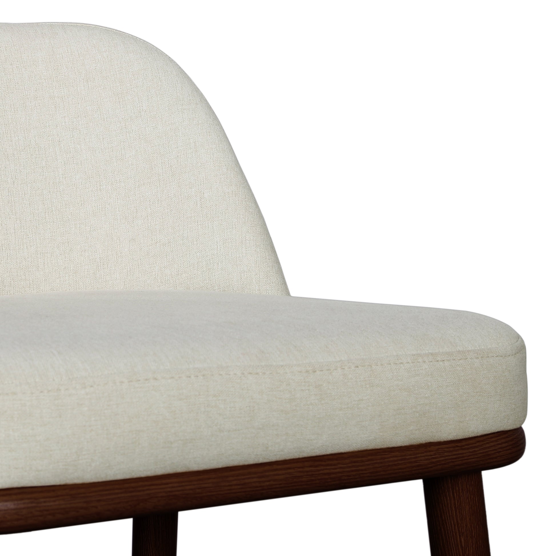 Jeremi High Back Linen Bar Stool Set of 2 in Wheat Walnut, showcasing a close-up of a light-beige upholstered seat and backrest on a dark wood frame with matching wooden legs.