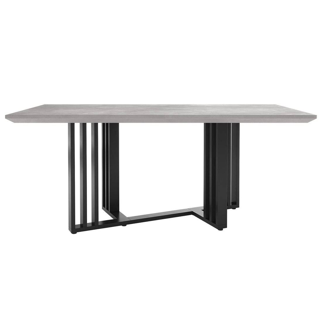 Joel 180cm 4-6 Seater Modern Dining Table in Concrete features a light-gray stone-style tabletop with black metal trestle legs, offering a stylish and stable focal point for dining spaces.