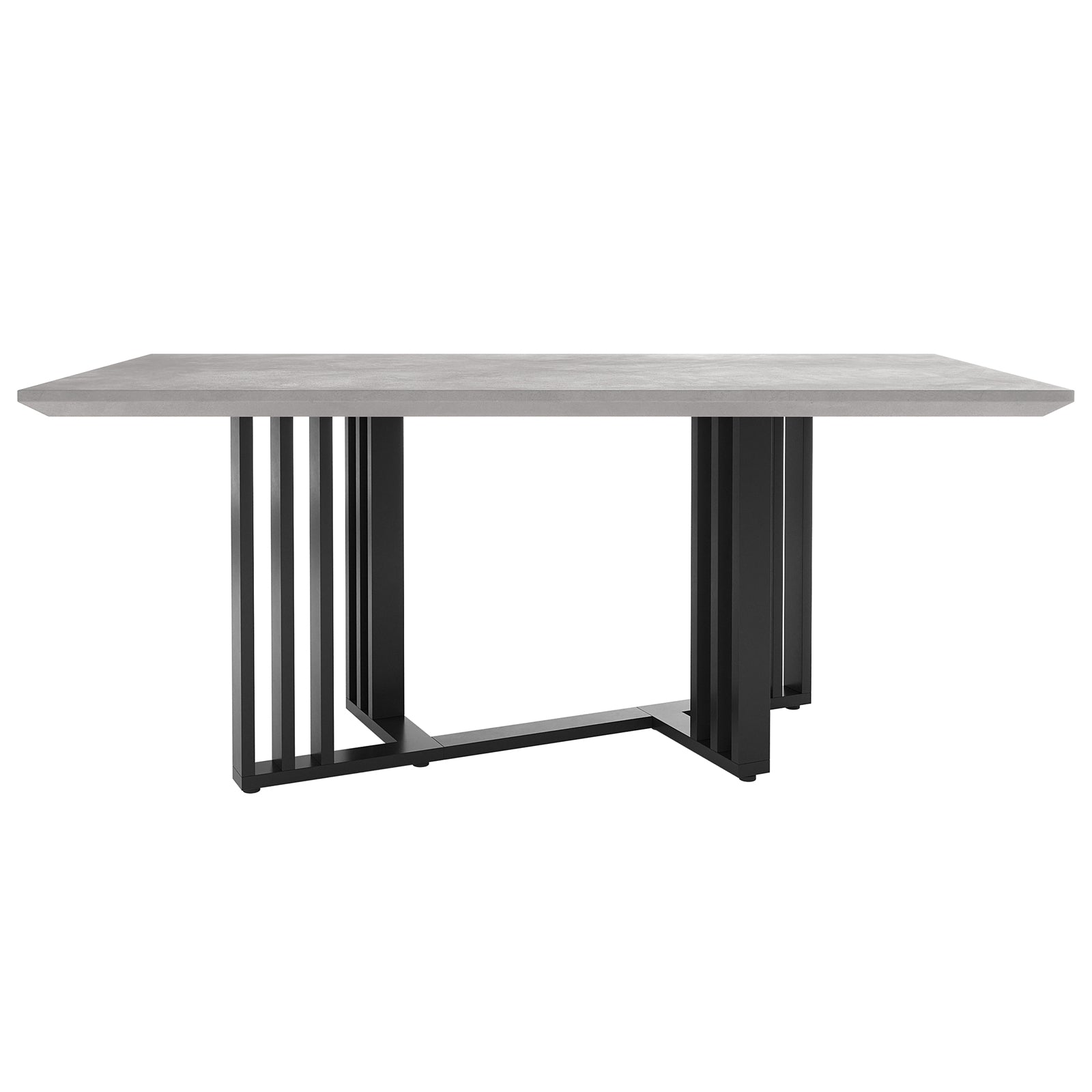 Joel 180cm 4-6 Seater Modern Dining Table in Concrete features a light-gray stone-style tabletop with black metal trestle legs, offering a stylish and stable focal point for dining spaces.