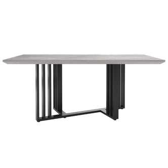 Joel 180cm 4-6 Seater Modern Dining Table in Concrete features a light-gray stone-style tabletop with black metal trestle legs, offering a stylish and stable focal point for dining spaces.