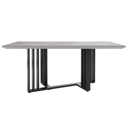 Joel 180cm 4-6 Seater Modern Dining Table in Concrete features a light-gray stone-style tabletop with black metal trestle legs, offering a stylish and stable focal point for dining spaces.