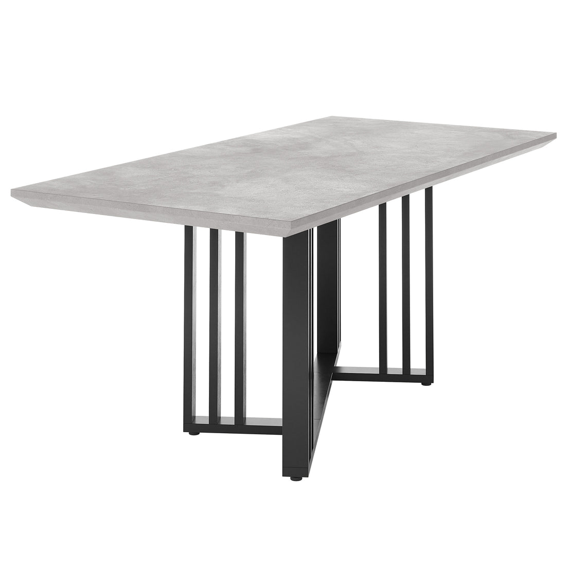 Joel 180cm Modern Dining Table Concrete features a light-gray concrete-style tabletop with a black metal base of vertical slats and a central beam, offering contemporary elegance and stability.
