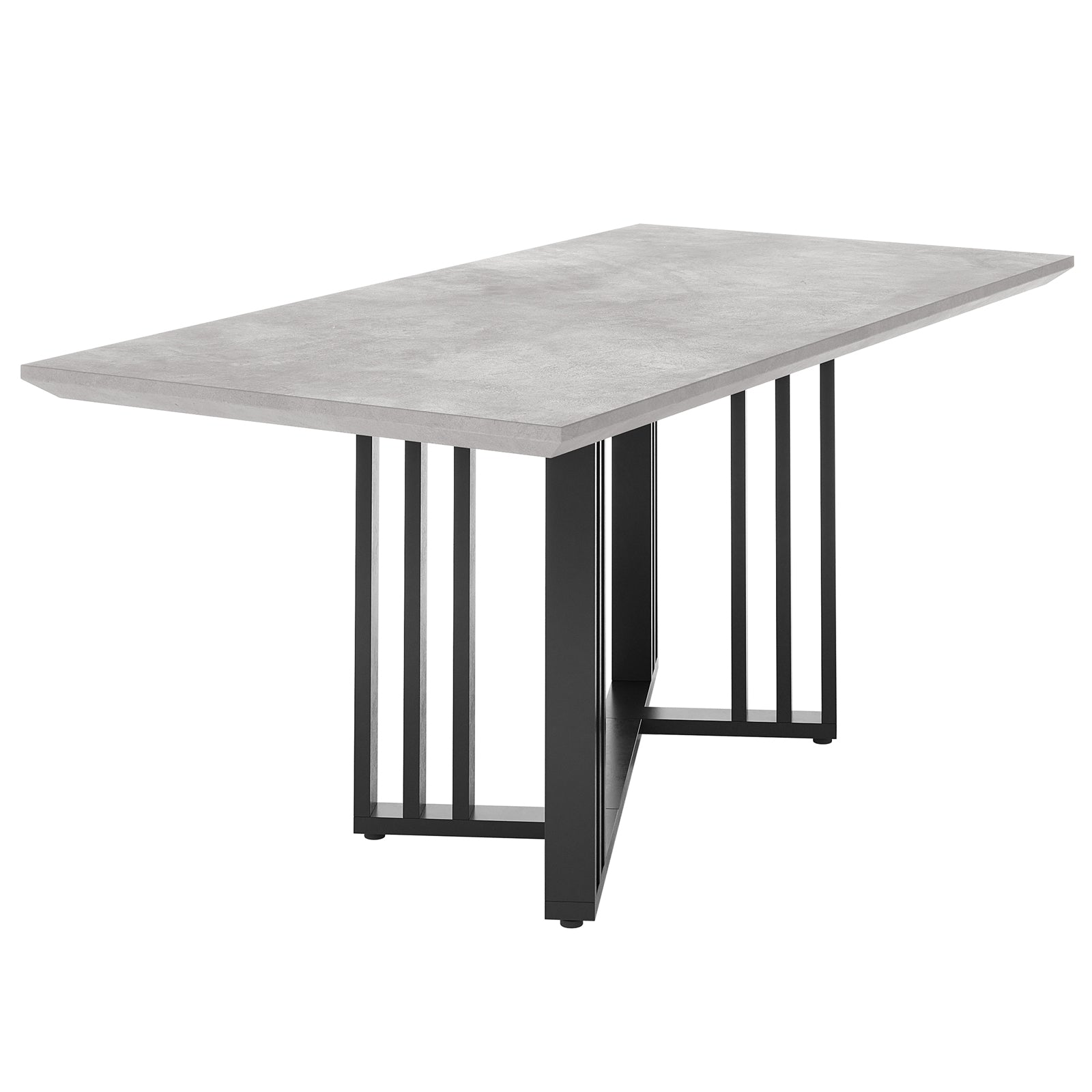 Joel 180cm Modern Dining Table Concrete features a light-gray concrete-style tabletop with a black metal base of vertical slats and a central beam, offering contemporary elegance and stability.
