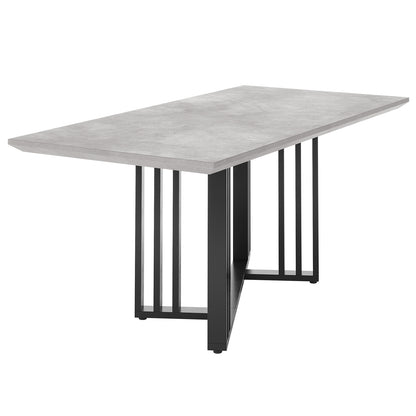 Joel 180cm Modern Dining Table Concrete features a light-gray concrete-style tabletop with a black metal base of vertical slats and a central beam, offering contemporary elegance and stability.