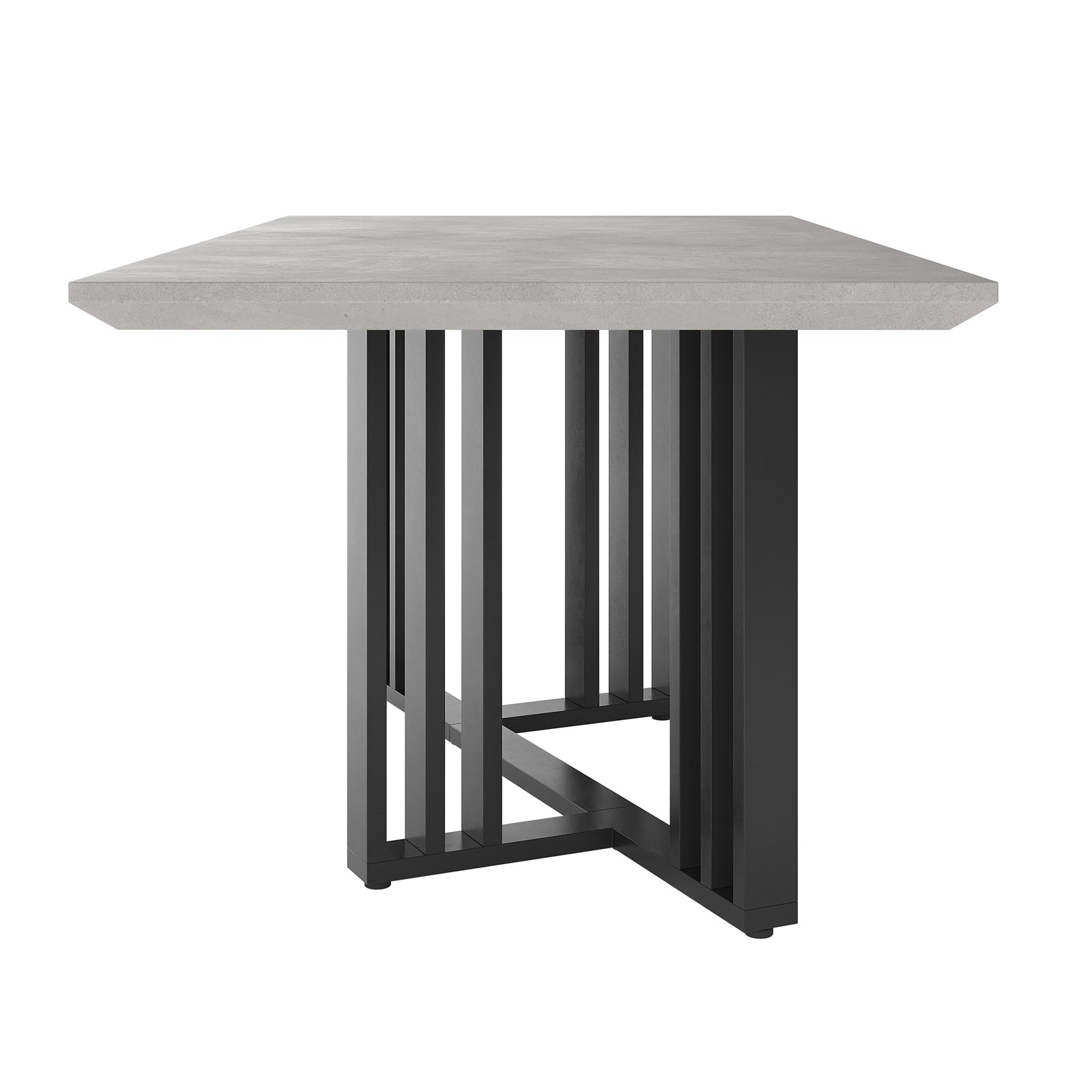 Joel 180cm 4-6 Seater Modern Dining Table in Concrete featuring a light-gray smooth top on a black metal base with geometric slats, perfect for contemporary industrial-style décor.