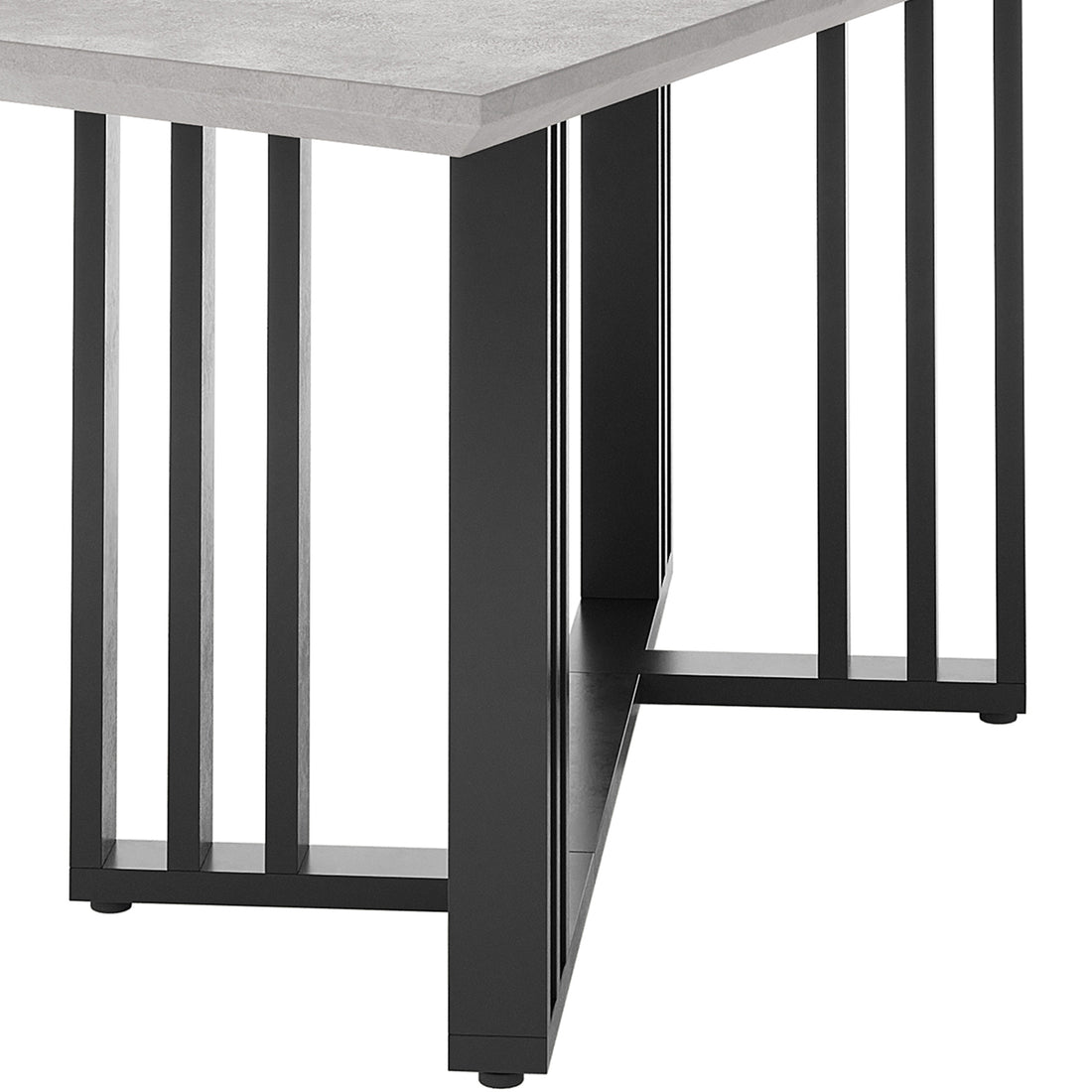 Close-up of Joel 180cm Modern Dining Table's corner, showcasing its sleek concrete-look top and black powder-coated metal slats, emphasizing contemporary design and sturdy construction.