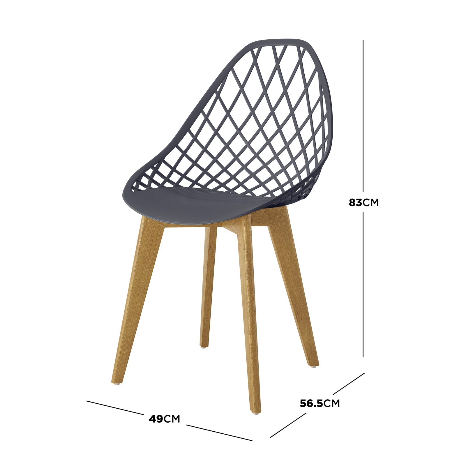 Close-up of Jonah Beech Wood Dining Chair featuring sleek wooden legs and a minimalist design, highlighting the dark charcoal Polypropylene seat, part of a set of four chairs ideal for dining spaces.