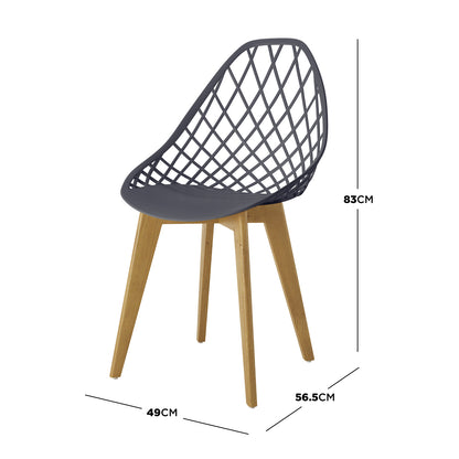 Close-up of Jonah Beech Wood Dining Chair featuring sleek wooden legs and a minimalist design, highlighting the dark charcoal Polypropylene seat, part of a set of four chairs ideal for dining spaces.