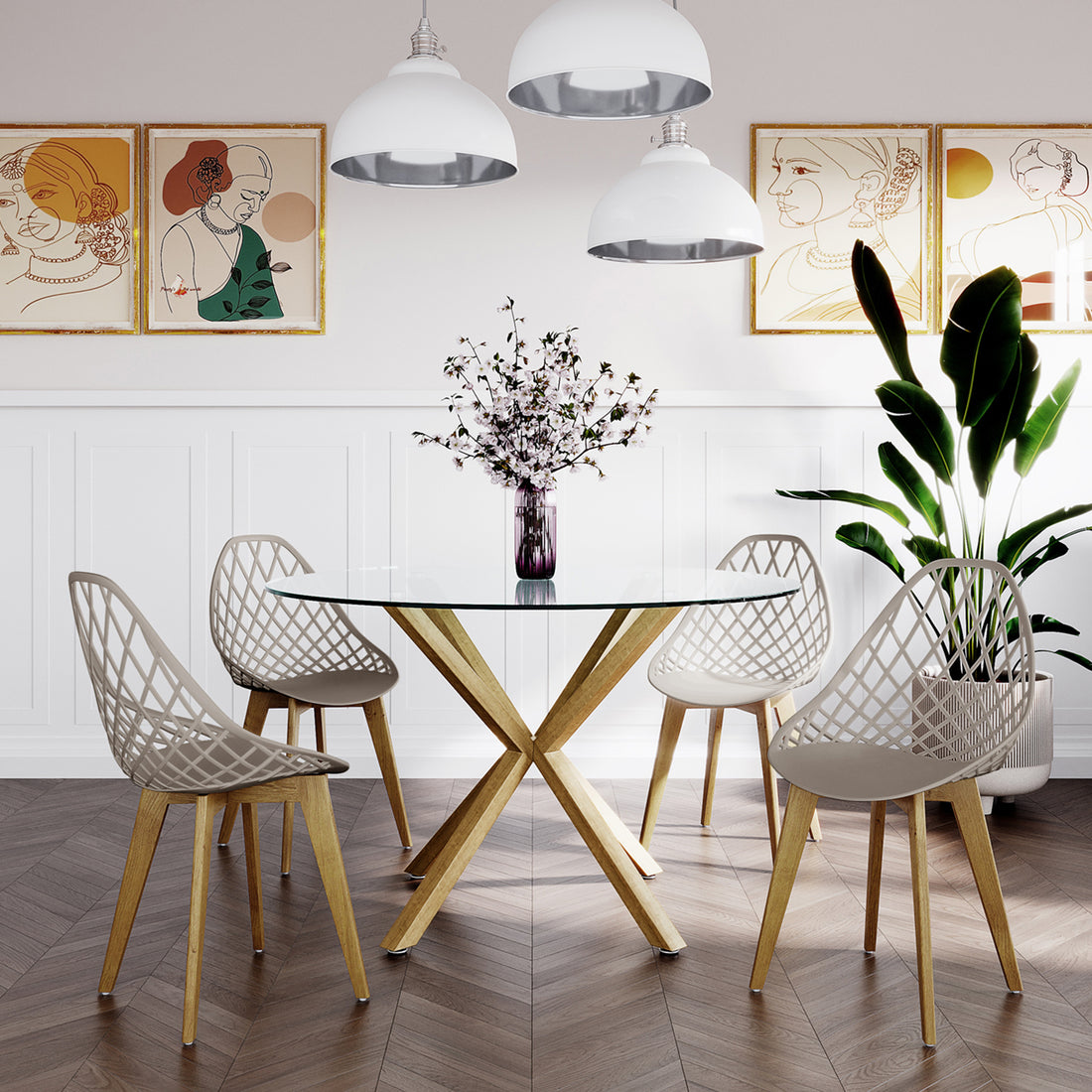 Jonah Beech Wood Dining Chair (Set of 4) featuring sleek lines and a minimalist design, perfect for modern interiors. The chairs have sturdy wooden legs and a comfortable curved backrest for support.