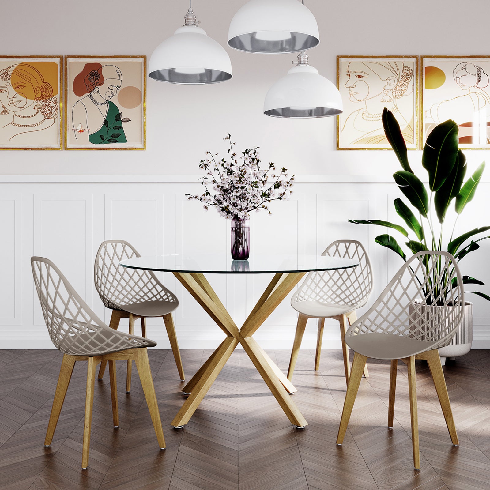 Jonah Beech Wood Dining Chair (Set of 4) featuring sleek lines and a minimalist design, perfect for modern interiors. The chairs have sturdy wooden legs and a comfortable curved backrest for support.