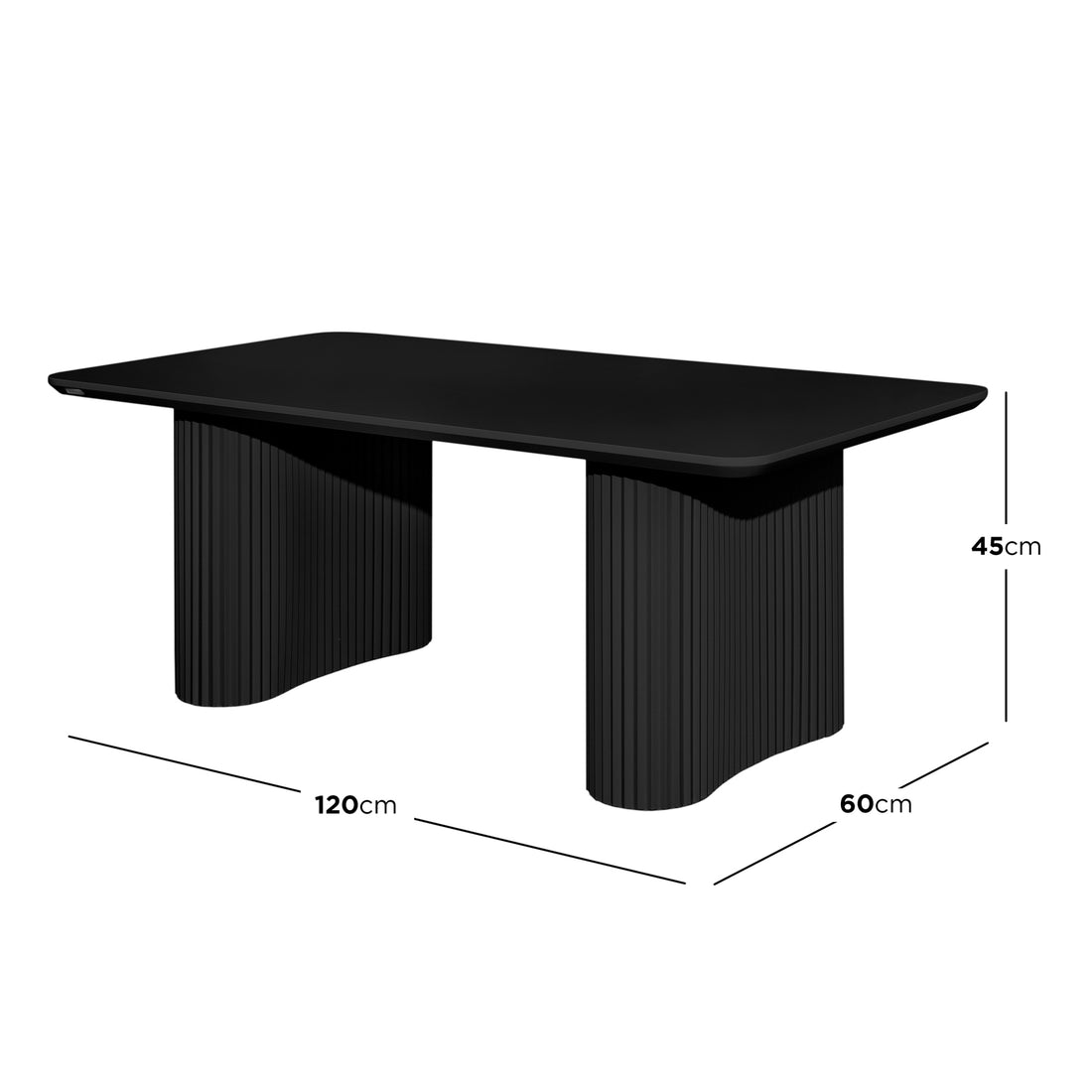 Joyce 120cm Coffee Table with Round Fluted Legs in Black, featuring a sleek, solid black rectangular top with rounded corners and two sculptural, vertically fluted, pill-shaped pedestal legs.
