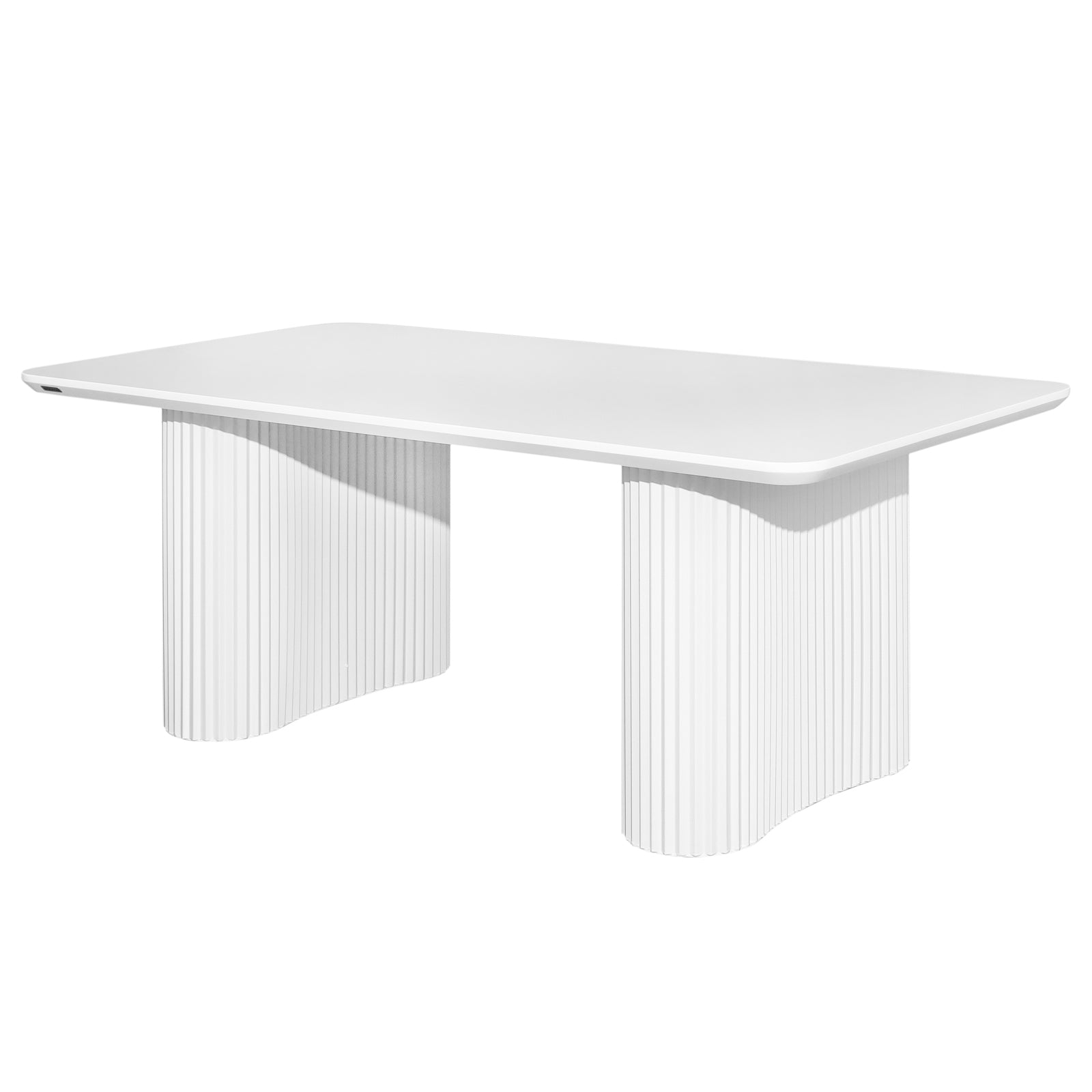 Joyce 120cm Coffee Table with Round Fluted Legs in White features a minimalist rectangular top with softly rounded corners and striking sculptural fluted pedestal legs, offering a modern, elegant centerpiece.