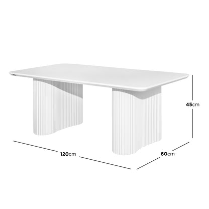Joyce 120cm Coffee Table with Round Fluted Legs in White, featuring a smooth rectangular top supported by sculpted column bases, measuring 120cm long, 60cm deep, and 45cm high.