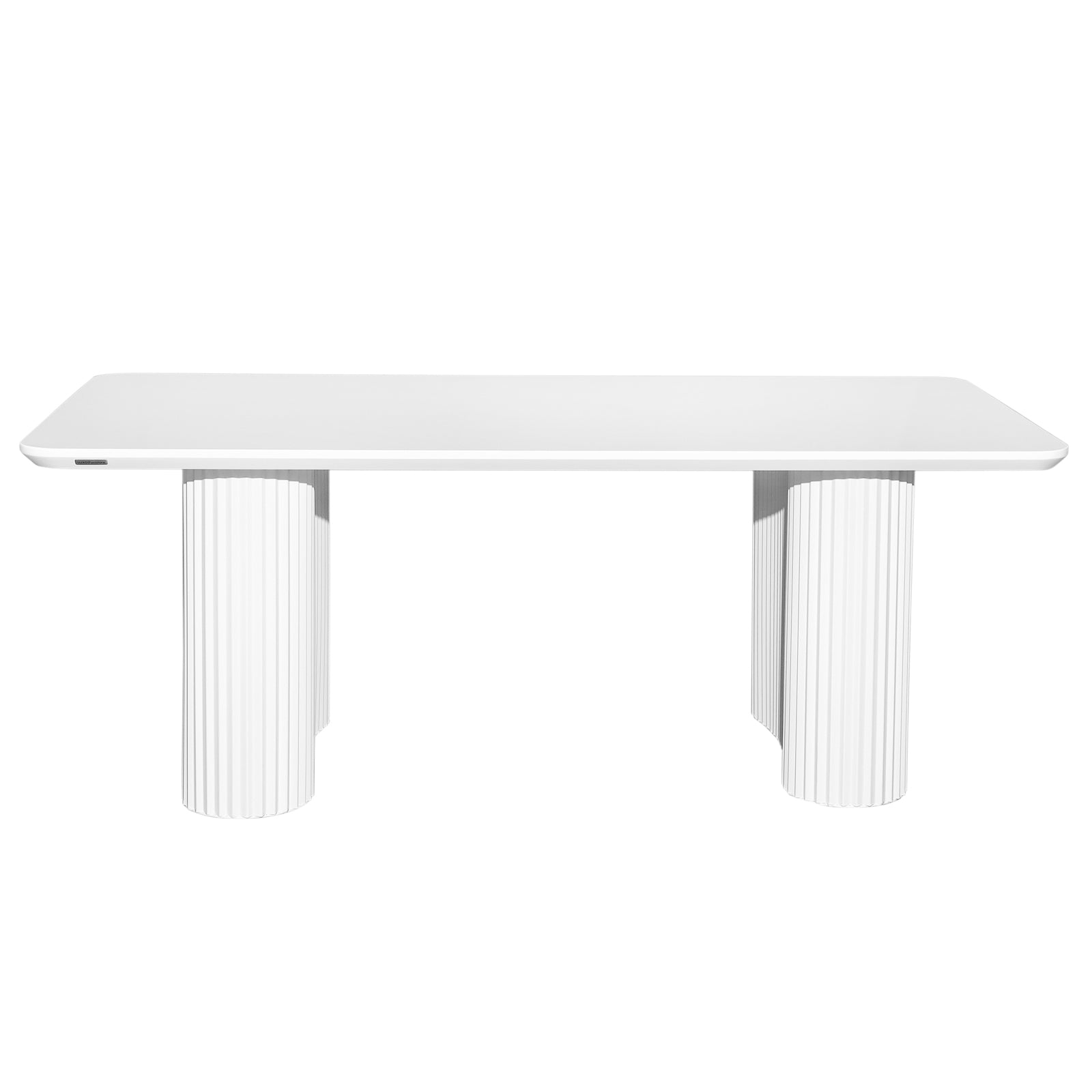 Joyce 120cm Coffee Table with Round Fluted Legs in White, featuring a minimalist design with a thin rectangular tabletop supported by ribbed cylindrical legs, offering a sophisticated, functional centerpiece.