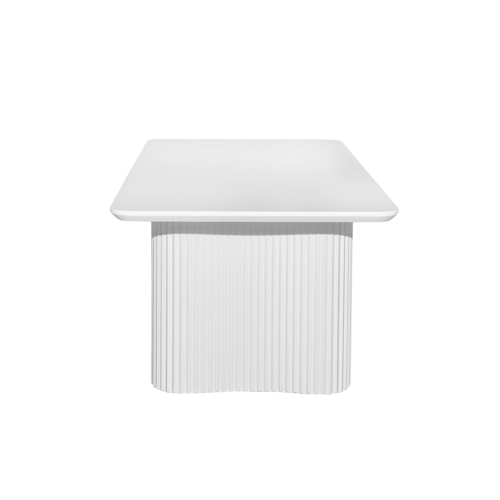 Joyce 120cm Coffee Table with Round Fluted Legs in White features a minimalist square tabletop on a sculptural pedestal base with closely spaced vertical ribs, enhancing modern and coastal-inspired interiors.