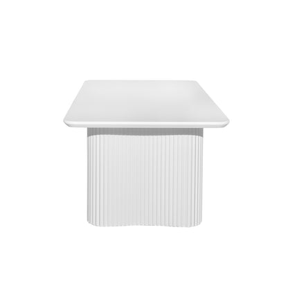 Joyce 120cm Coffee Table with Round Fluted Legs in White features a minimalist square tabletop on a sculptural pedestal base with closely spaced vertical ribs, enhancing modern and coastal-inspired interiors.