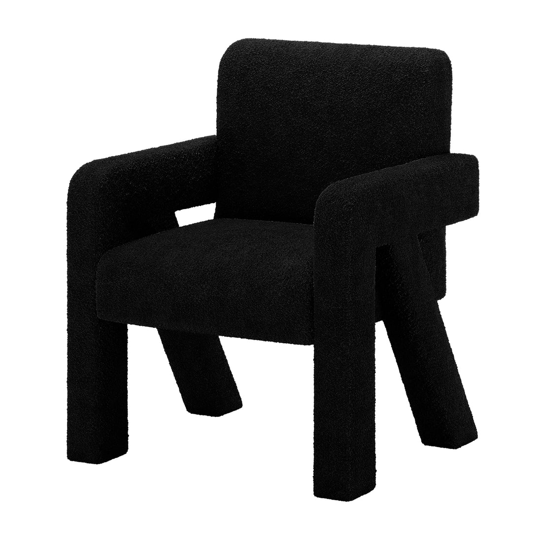 Julie Bouclé Upholstered Accent Chair in black, featuring plush bouclé fabric and a curved design. The chair has a sturdy engineered wood frame and elegant black legs, offering modern luxury and comfort.