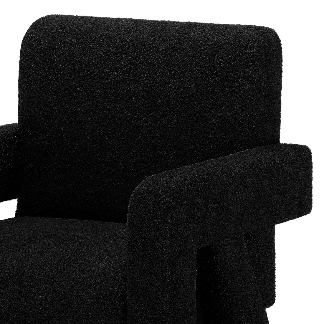 Julie Bouclé Upholstered Accent Chair - Black: A sleek chair with armrests, featuring plush bouclé fabric and ergonomic design, perfect for modern interiors.