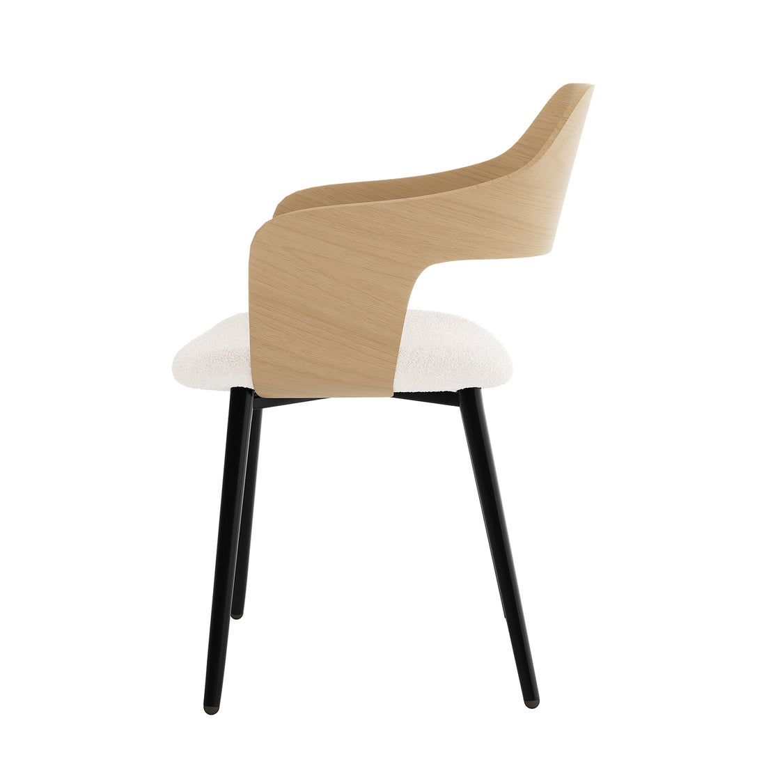 Kaylani & Winfield 5-Piece Wooden Dining Set features a close-up of a boucle chair and smooth wood table surface, showcasing modern design and rustic appeal for a cozy dining experience.