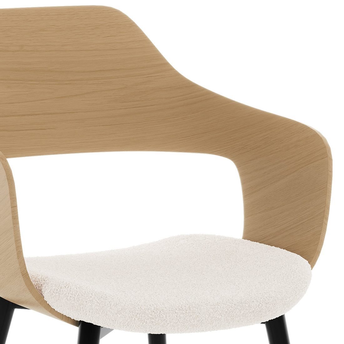 Kaylani & Winfield 5-Piece Wooden Dining Set features a close-up of a boucle chair with armrest and rustic design, emphasizing its modern appeal and cozy dining ambiance.