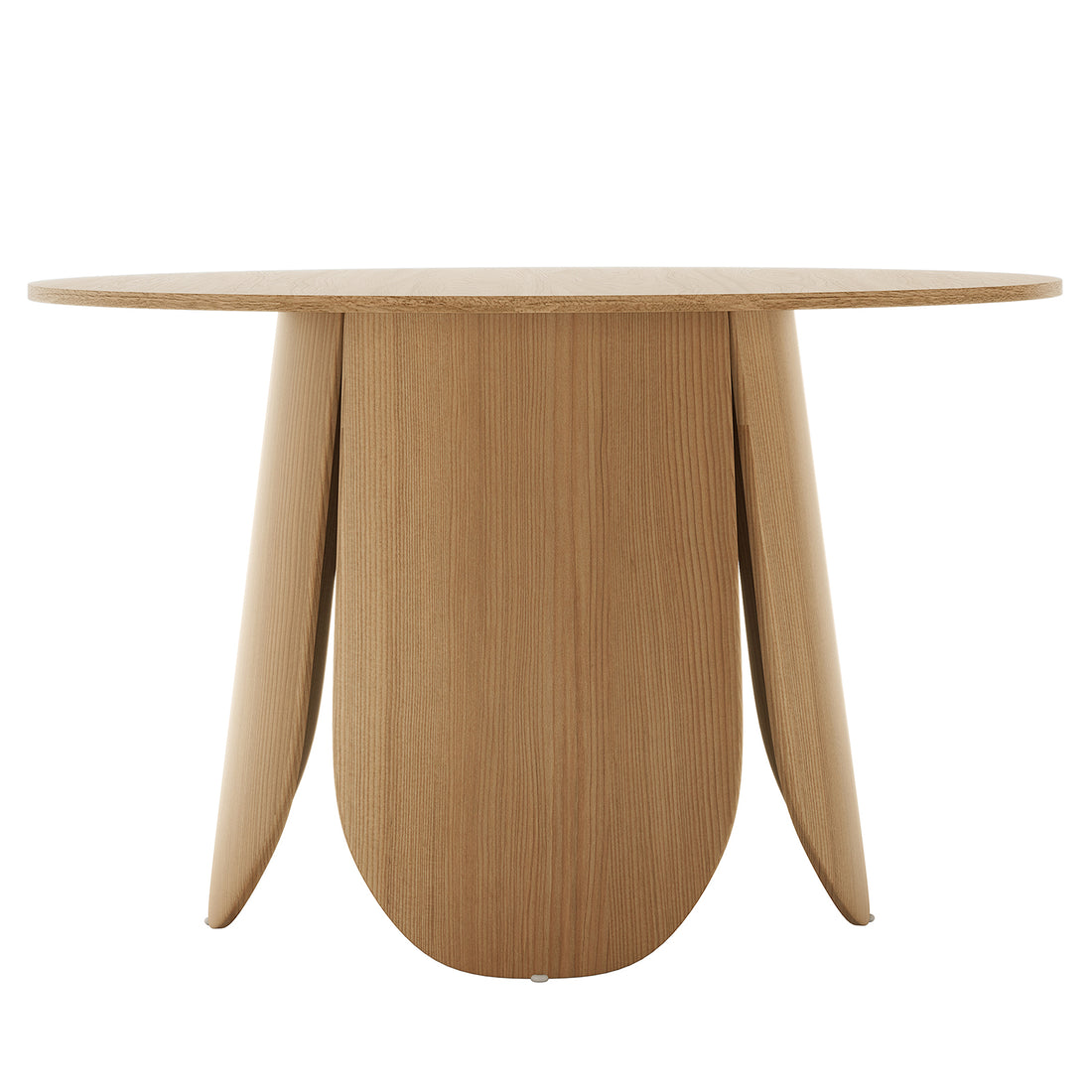 Kaylani & Winfield 5-Piece Wooden Dining Set featuring a round veneer table and boucle chairs, showcasing a close-up of the wooden tabletop's texture, emphasizing its rustic oak finish.