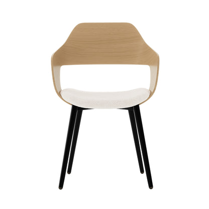 Kaylani & Winfield 5-Piece Wooden Dining Set featuring a round table with rustic oak veneer and cream white boucle-upholstered chairs, showcasing a cozy and modern dining atmosphere.