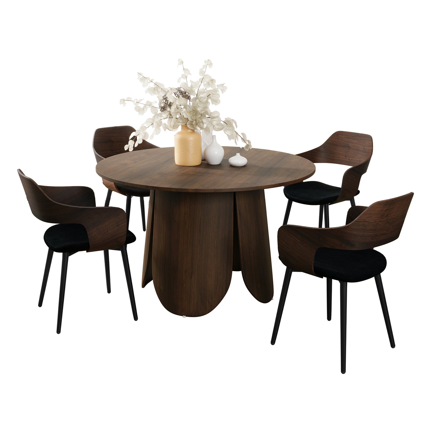 Kaylani & Winfield 5-Piece Wooden Dining Set showcases a round wooden table with velvet chairs, emphasizing modern elegance and comfort, perfect for creating an inviting dining space.