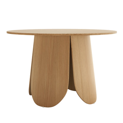 Kalyani 120cm Wooden Round Dining Table with Veneer Top Oak, showcasing a smooth, detailed wood surface, emphasizing its rustic charm and farmhouse design, ideal for intimate and larger dining gatherings.