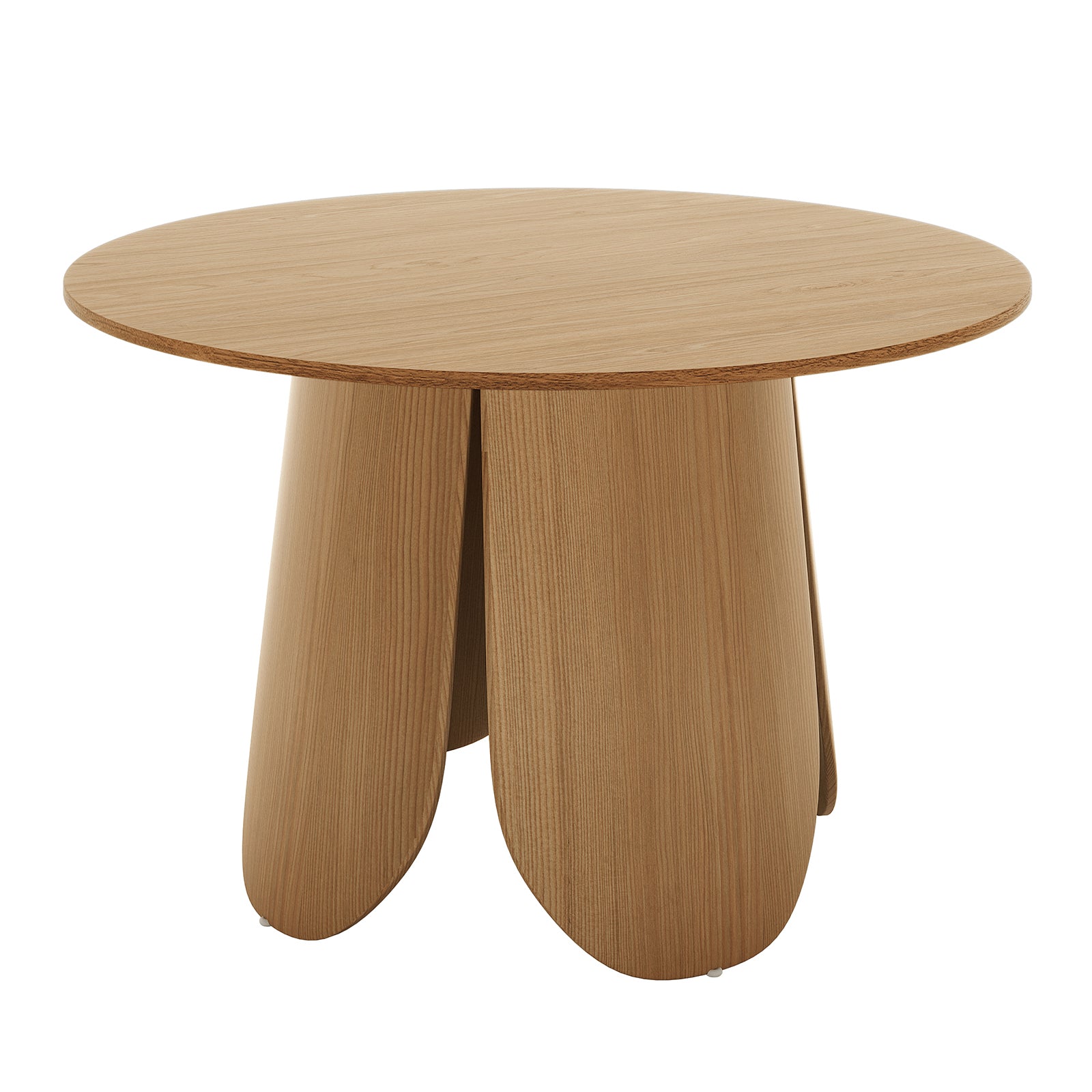 Kalyani 120cm Wooden Round Dining Table with Veneer Top Oak features a smooth circular top and petal-shaped wooden panel base, embodying rustic charm and farmhouse style for intimate gatherings.