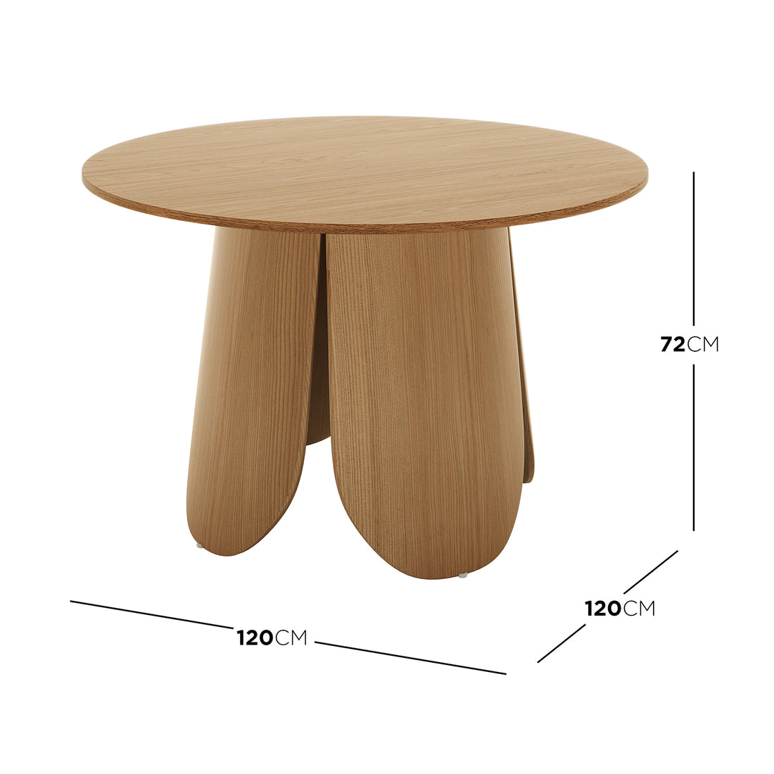 Kalyani 120cm Wooden Round Dining Table with Veneer Top Oak, showcasing a smooth wood surface, sturdy four-leg base, and elegant design, perfect for dining spaces.