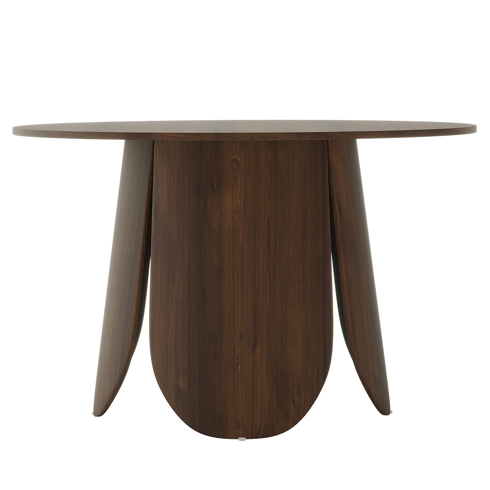Kalyani 120cm Wooden Round Dining Table with Veneer Top Walnut, showcasing a smooth, durable veneer surface on a round tabletop, highlighting its rustic farmhouse design and sturdy construction.
