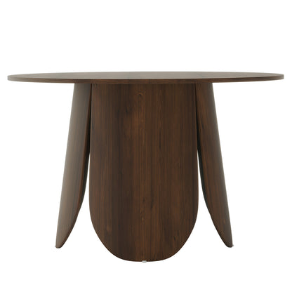 Kalyani 120cm Wooden Round Dining Table with Veneer Top Walnut, showcasing a smooth, durable veneer surface on a round tabletop, highlighting its rustic farmhouse design and sturdy construction.