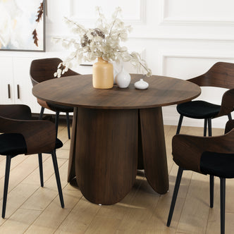 Kalyani 120cm Wooden Round Dining Table with Veneer Top Walnut featuring a smooth, round veneer top on a sturdy wooden base, ideal for kitchen or dining spaces.