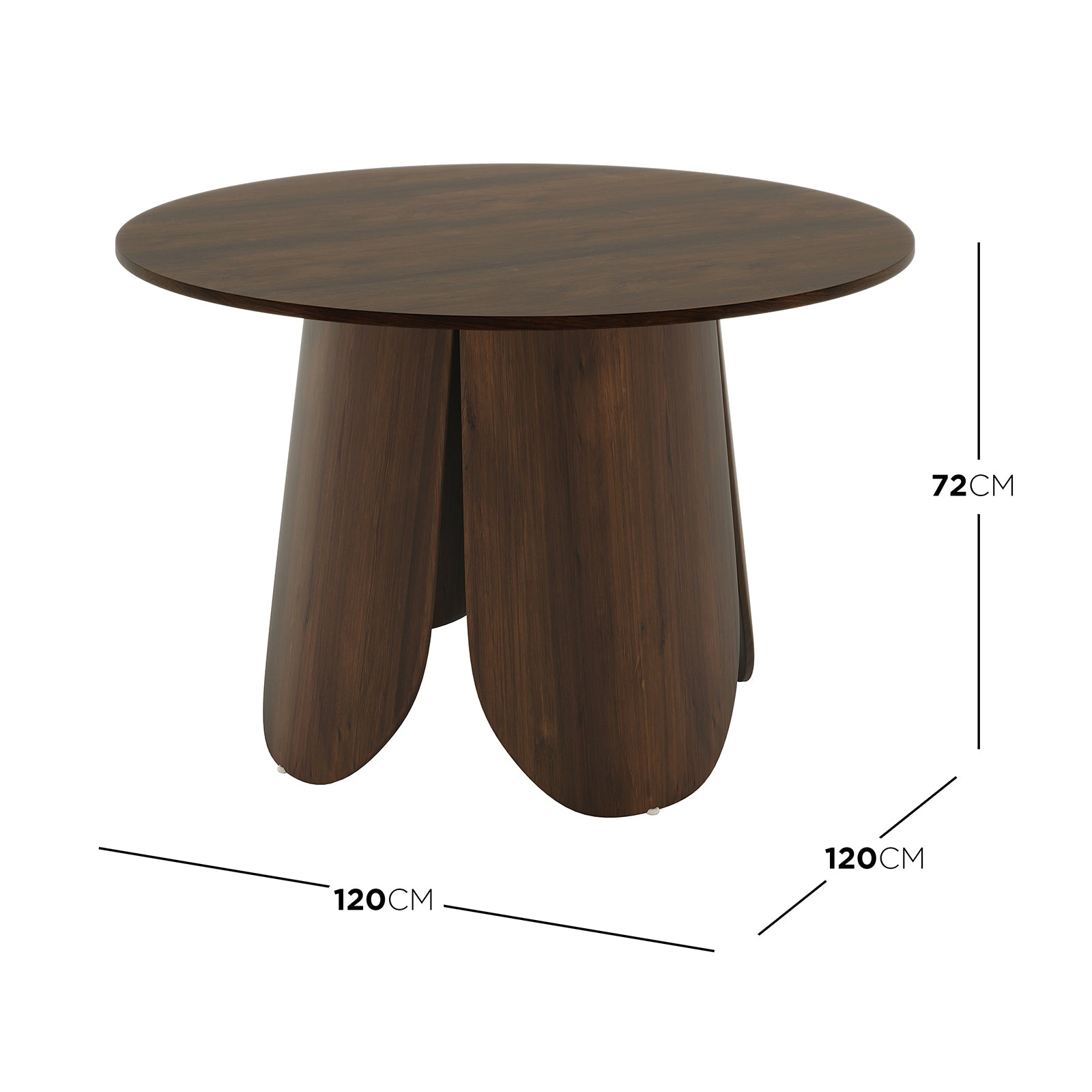 Kalyani 120cm Wooden Round Dining Table with Veneer Top Walnut, featuring a smooth, durable surface, farmhouse style, and sturdy construction, ideal for gathering spaces. Circular design encourages conversation and fits diverse interiors.