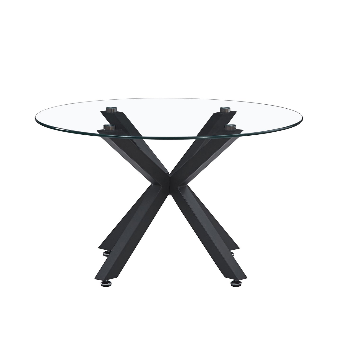 Kansas 80cm Round Glass Coffee Table Black features a sleek glass top with sturdy black legs, ideal for modern interiors, offering functionality and style in compact spaces.
