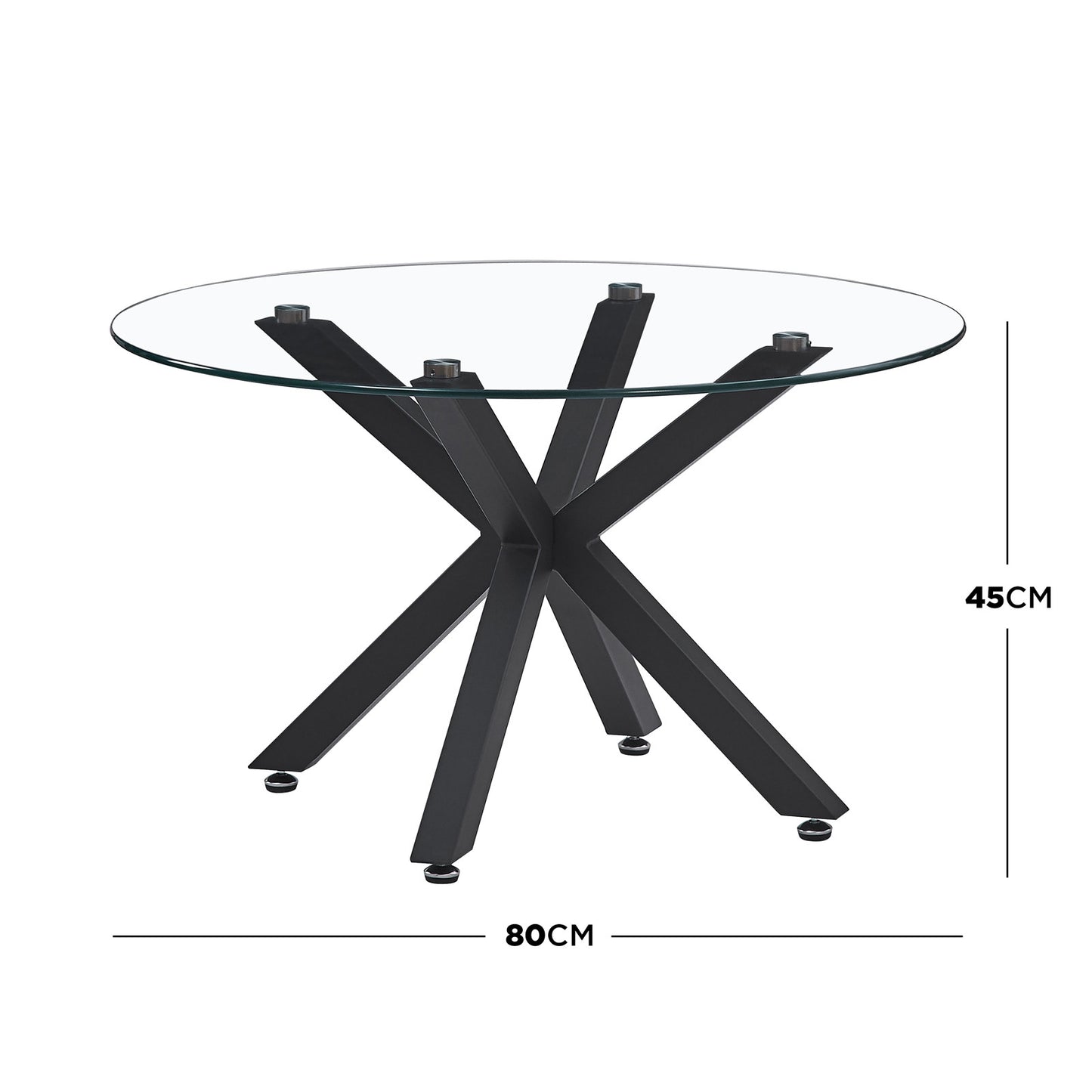 Kansas 80cm Round Glass Coffee Table features an 8mm tempered glass top and metal frame, designed for versatility in modern living spaces, including lounges and dining areas.