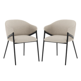 Karin Linen Fabric Dining Chair Set of 2 - Beige, showcasing rounded arm and backrests, plush foam cushioning, and a sleek black metal frame, ideal for stylish dining or living spaces.