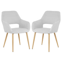 Keith Fabric Dining Chair Set of 2 in Light Grey featuring curved upholstered seats with cut-out armrests, splayed wooden legs, and a minimalist design perfect for dining or modern living spaces.