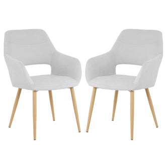 Keith Fabric Dining Chair Set of 2 in Light Grey featuring curved upholstered seats with cut-out armrests, splayed wooden legs, and a minimalist design perfect for dining or modern living spaces.